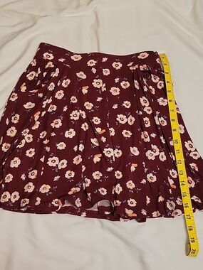 SO Burgundy Floral Skater Skirt With Pockets with Cream & Pink Blooms